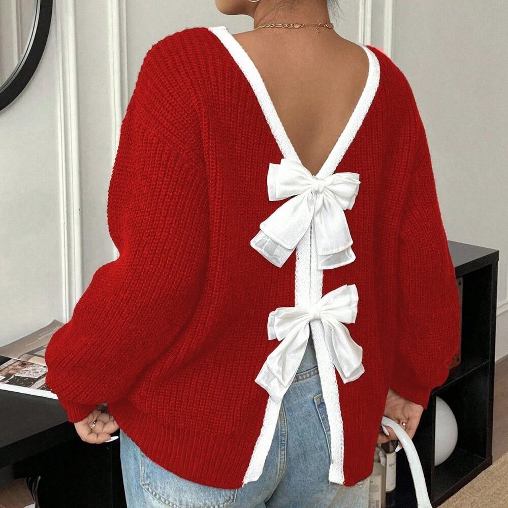 Plus Size Red Casual Women's Bowknot Crew Neck Long Sleeve Sweater